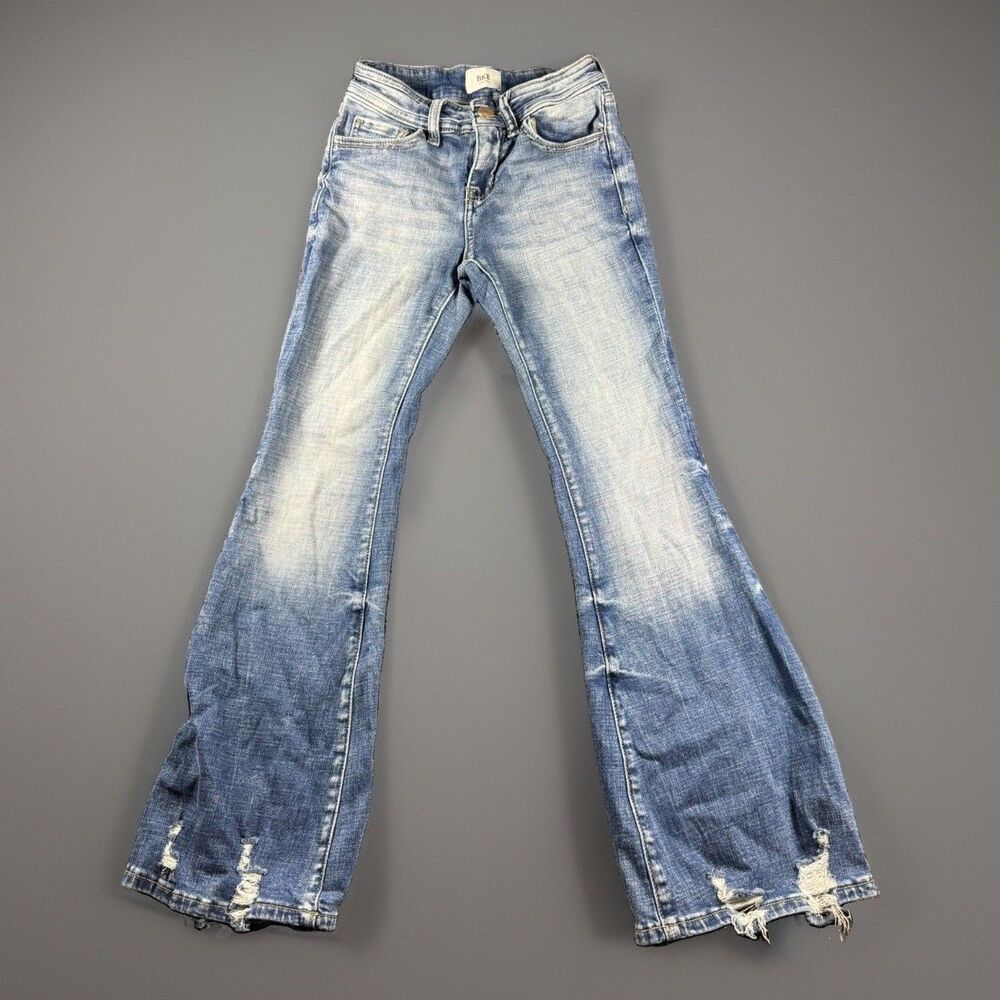 BKE Youth Girls Distressed Flare Jeans Size 10 Medium Sand Wash Frayed Strechy